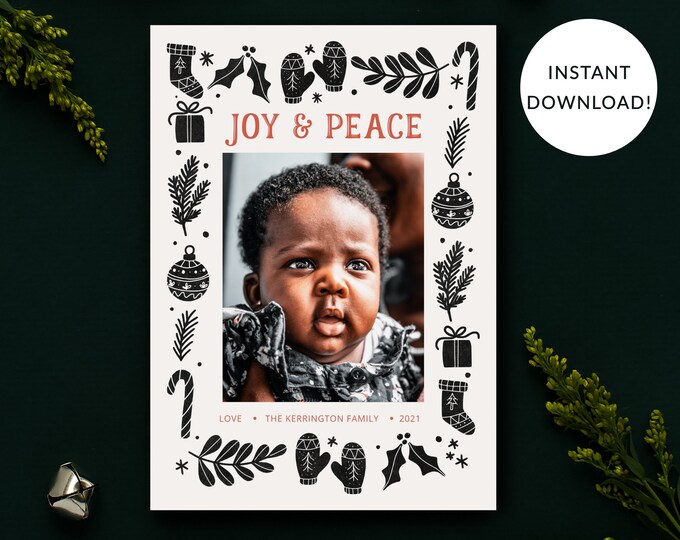 Christmas Photo Card Template, Joy and Peace Doodles Black, Red, Holiday Photo Card, Single Photo, Front & Back Included, Corjl