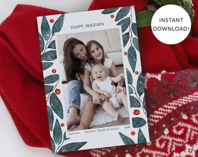 Christmas Photo Card Template, Botanical, Green, Greenery, Holiday Photo Card, Single Photo, Front & Back Design Included, Corjl