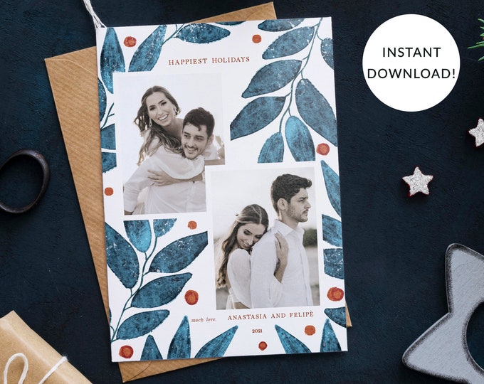 Christmas Photo Card Template, Botanical, Blue, Holiday Photo Card, Multi Photo, Front & Back Included, Corjl