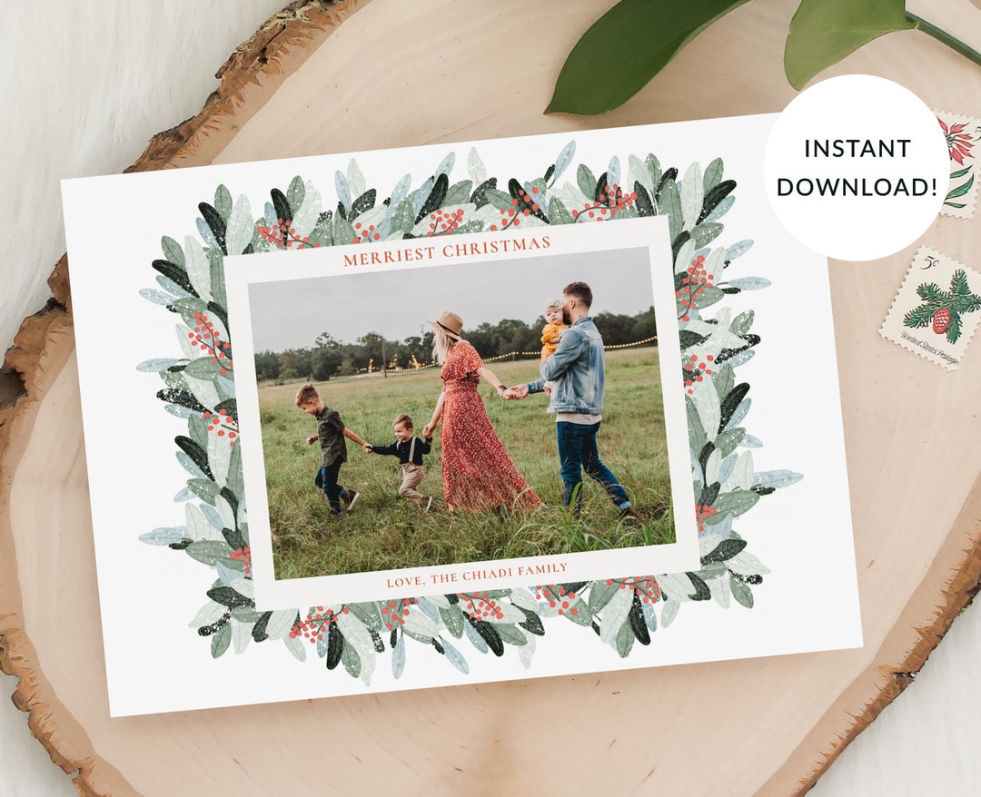 Holiday Leaves Berries Eucalyptus Christmas Card Template, Landscape