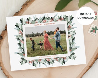 Christmas Photo Card Template, Landscape, Holiday Leaves Berries Eucalyptus, Christmas Cards, Front & Back Included, Printable, Corjl