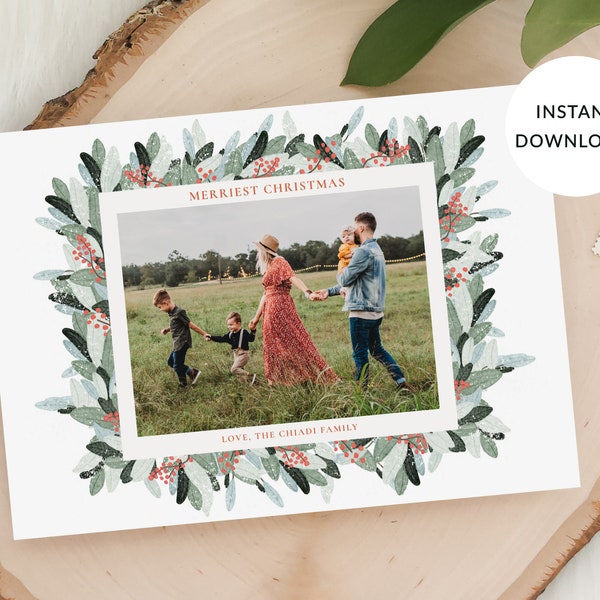 Holiday Leaves Berries Eucalyptus Christmas Card Template, Landscape, Photo Christmas Cards Front & Back Included, Printable