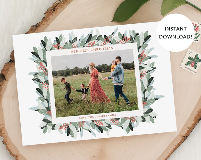 Christmas Photo Card Template, Landscape, Holiday Leaves Berries Eucalyptus, Christmas Cards, Front & Back Included, Printable, Corjl