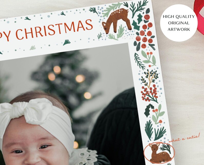 Mall för julfotokort, botanisk bild av skogshjort, julkort, fram- och baksida ingår, utskrivbar, Corjl bild 3