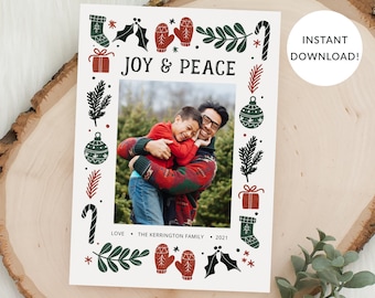 Christmas Photo Card Template, Joy and Peace Doodles Red, Green, Holiday Photo Card, Single Photo, Front & Back Included, Corjl