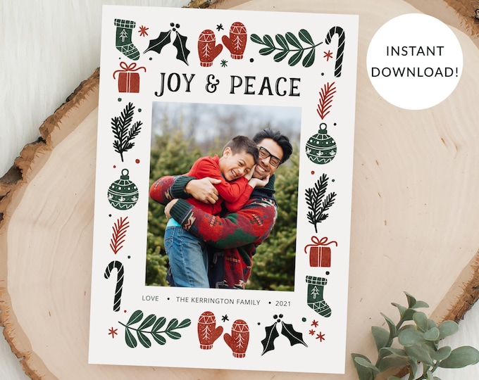 Christmas Photo Card Template, Joy and Peace Doodles Red, Green, Holiday Photo Card, Single Photo, Front & Back Included, Corjl