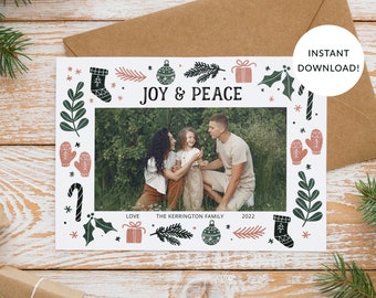 Christmas Photo Card Template, Landscape, Joy and Peace Doodles Blush Pink, Green, Holiday Photo, Single Photo, Front & Back Included, Corjl