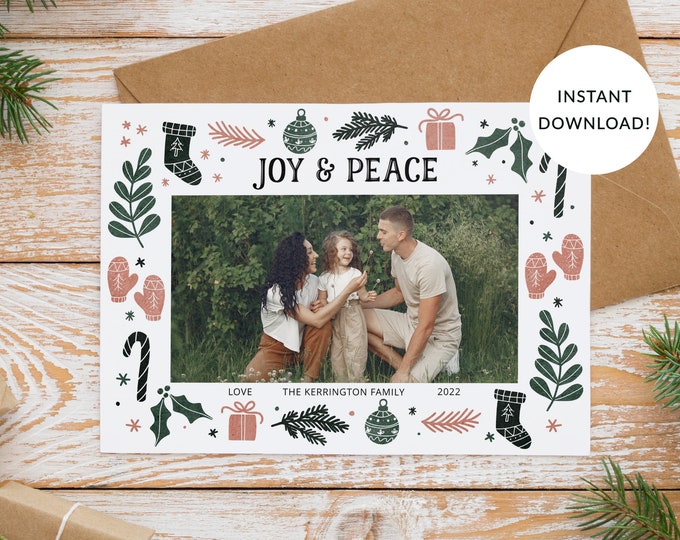 Christmas Photo Card Template, Landscape, Joy and Peace Doodles Blush Pink, Green, Holiday Photo, Single Photo, Front & Back Included, Corjl