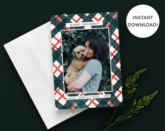 Christmas Photo Card Template, Holiday Plaid/Gingham/Stripe, Christmas Photo, Photo Christmas Cards Front & Back Included