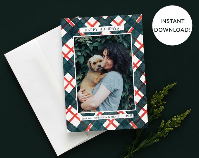 Christmas Photo Card Template, Holiday Plaid/Gingham/Stripe, Christmas Photo, Photo Christmas Cards Front & Back Included