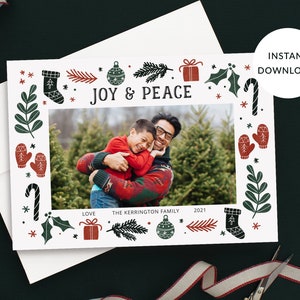 Weihnachtsfotokarte, Landschaft, Joy und Peace Doodles, Rot, Grün, Urlaubsfoto, Einzelfoto, Vorder- und Rückseite enthalten, Corjl