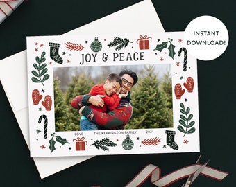 Christmas Photo Card Template, Landscape, Joy and Peace Doodles, Red, Green, Holiday Photo, Single Photo, Front & Back Included, Corjl