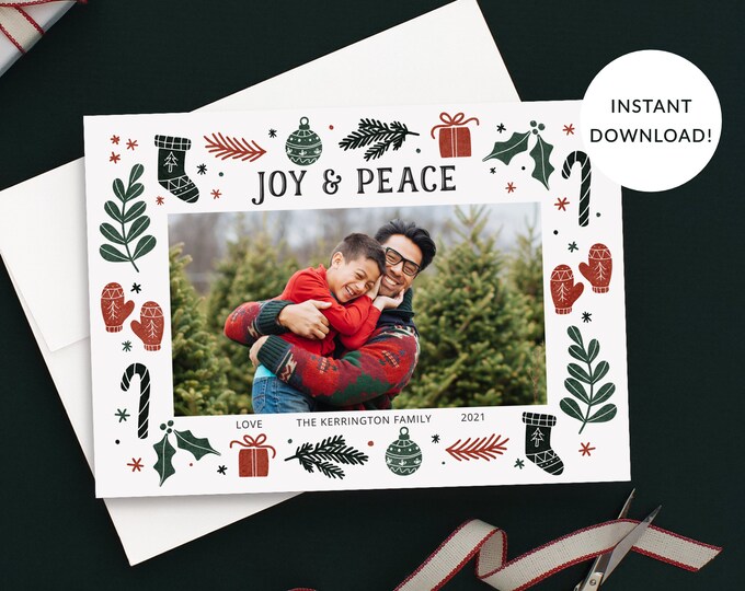 Christmas Photo Card Template, Landscape, Joy and Peace Doodles, Red, Green, Holiday Photo, Single Photo, Front & Back Included, Corjl
