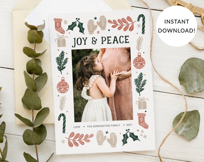 Christmas Photo Card Template, Joy and Peace Doodles, Boho, Tan, Blush Pink, Sage, Holiday, Single Photo, Front & Back Included, Corjl,