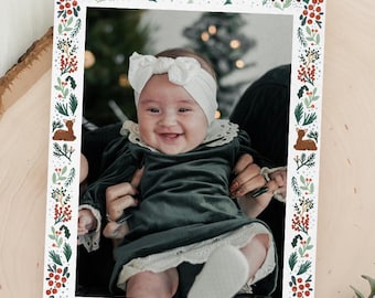 Christmas Photo Card Template, Woodland Deer Botanical, Christmas Cards, Front & Back Included, Printable, Corjl