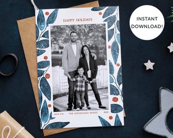 Christmas Photo Card Template, Botanical, Blue, Holiday Photo Card, Single Photo, Front & Back Included, Corjl