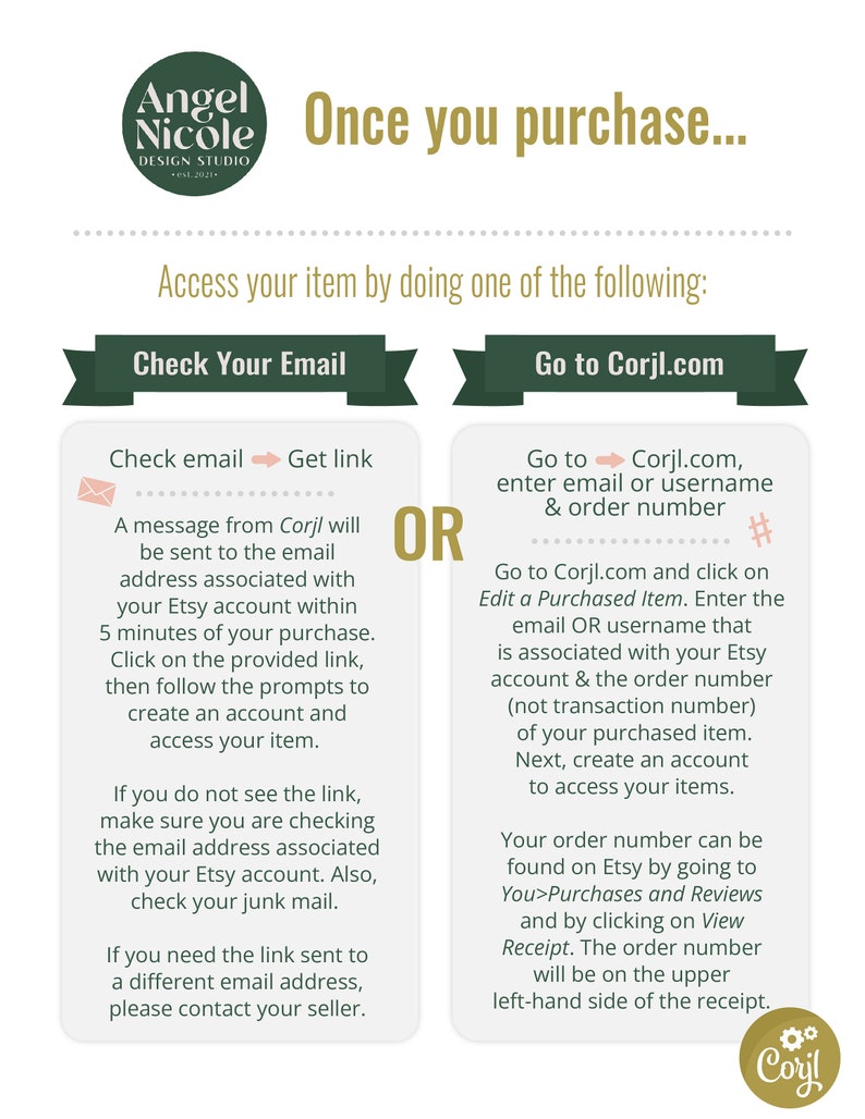 May include: A green and gold graphic with the text "Once you purchase..." and instructions on how to access your digital download from Corjl.com. The graphic includes a check mark icon, an email icon, and a link icon.