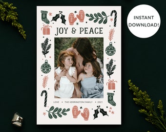 Christmas Photo Card Template, Joy and Peace Doodles Blush Pink, Green, Sage Holiday Photo Card, Single Photo, Front & Back Included, Corjl