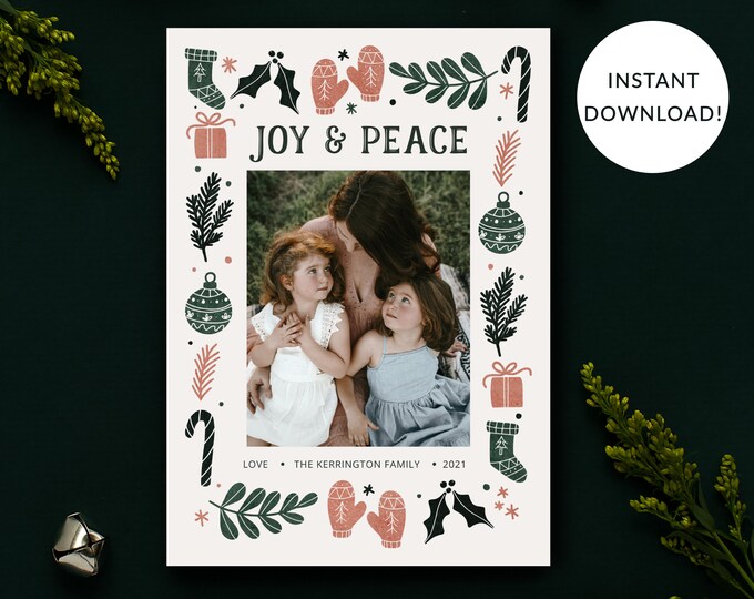 Christmas Photo Card Template, Joy and Peace Doodles Blush Pink, Green, Sage Holiday Photo Card, Single Photo, Front & Back Included, Corjl