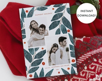 Christmas Photo Card, Holiday Leaves Berries Botanical, Multi Photo Template, Front & Back Included, Corjl
