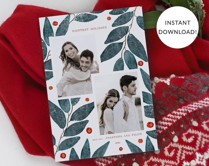 Christmas Photo Card, Holiday Leaves Berries Botanical, Multi Photo Template, Front & Back Included, Corjl