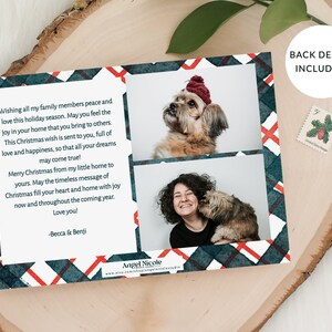 May include: A Christmas card with a plaid background and two photos of a woman and her dog. The card has a message wishing family members peace and love during the holiday season. The text on the card reads "Wishing all my family members peace and love this holiday season. May you feel the joy in your home that you bring to others. This Christmas wish is sent to you, full of love and happiness, so that all your dreams may come true! Merry Christmas from my little home to yours. May the timeless message of Christmas fill your heart and home with joy now and throughout the coming year. Love you! -Becca & Benji"