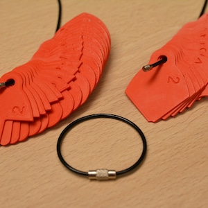 May include: Two sets of red plastic numbered tags on black cords. The tags are in the shape of a crescent moon and are numbered 1 through 12. A black cord with a silver clasp is also pictured.
