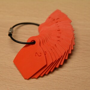 May include: A set of orange plastic numbered rings attached to a black metal ring. The rings are numbered 1 through 12.