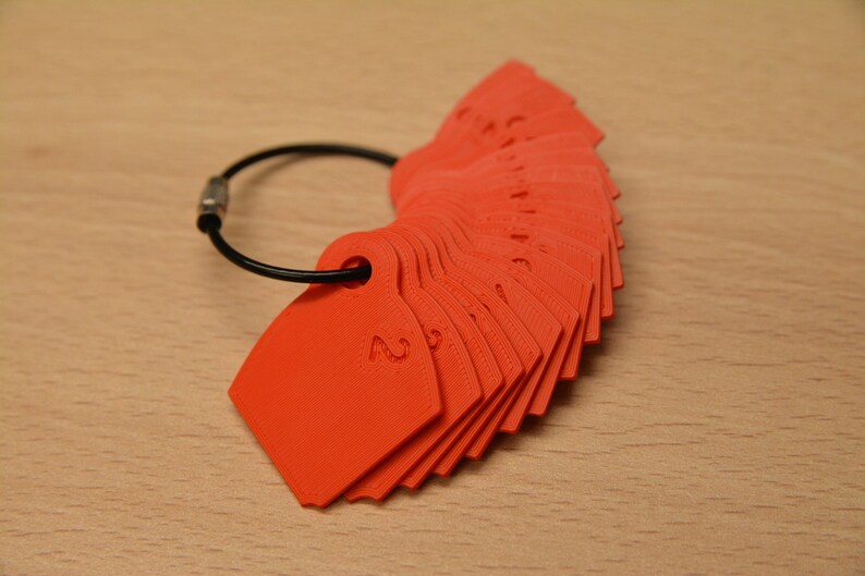 May include: A set of orange plastic numbered rings attached to a black metal ring. The rings are numbered 1 through 12.