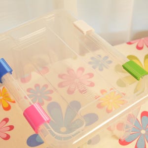 Könnte beinhalten: Eine transparente Plastik-Aufbewahrungsbox mit bunten Clips. Die Clips sind blau, pink und grün. Die Box steht auf einer weißen Oberfläche mit einem Blumenmuster.