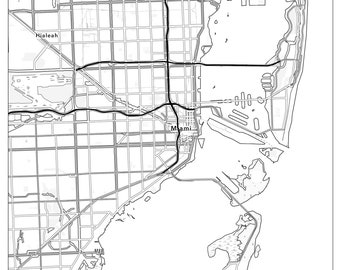 Miami and Miami Beach Florida Black & White Map