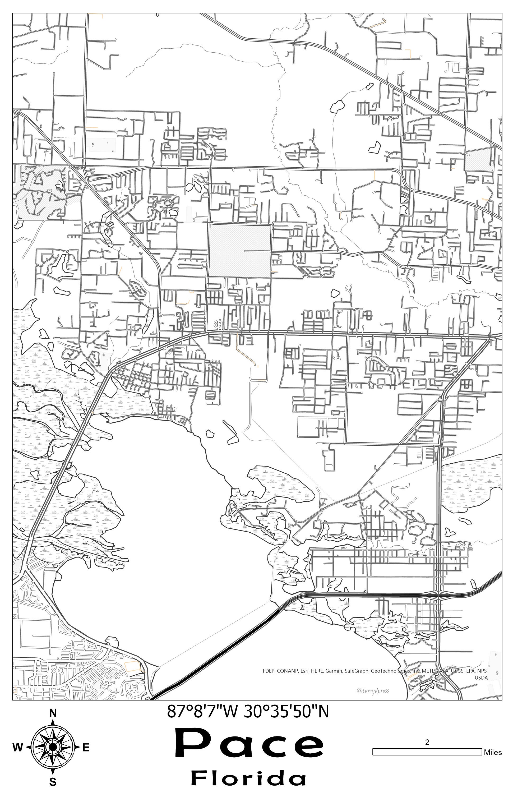Pace Florida Black & White Map Etsy
