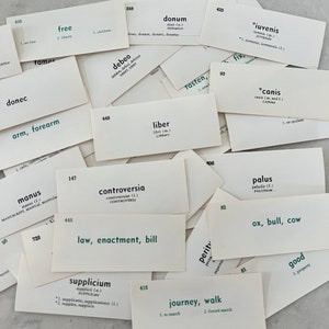 cartes de vocabulaire de langue étrangère vintage, cartes de vocabulaire français vintage, cartes de vocabulaire latin vintage, éphémères de langue étrangère