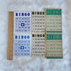 cartes de bingo vintage - ensemble de six cartes, éphémères, fournitures de journal indésirable, art de collage, cartes de bingo assorties, éphémères en papier, pièces de jeu