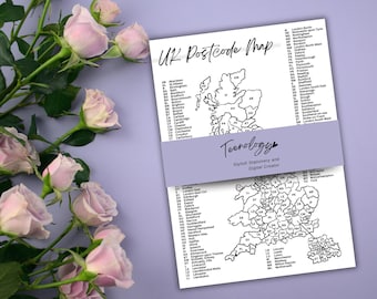 May include: A black and white printable UK postcode map with a list of cities and towns on the right side. The map is divided into regions with each region labeled with a letter. The map is titled "UK Postcode Map" and the bottom of the map says "Teernology Stylish Stationery and Digital Creator".