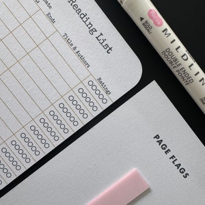 May include: A white card with the text "Reading List" printed in black. The card is divided into columns with headings for "Date", "Start", "End", "Title & Author", and "Rating". There are lines for writing down books to read. A pink highlighter is next to the card.
