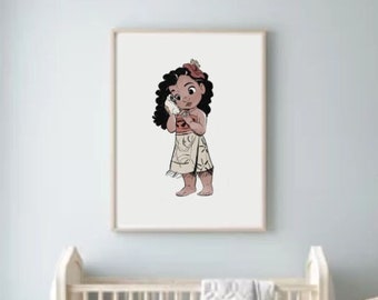 Baby Princess Moana Art Print Art for Girls Nursery, Hand Drawn Digital Nursery Princess Art