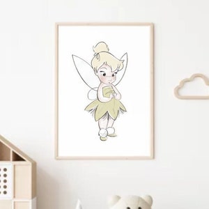 Baby Tinker Bell Art Print Fee Peter Pan für Mädchen, Kinderzimmer, handgezeichnete digitale Kinderzimmer Prinzessin Kunst, Tinkerbell Zeichnung