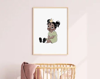 Baby Princess Tiana Art Print Princess and the Frog Art for Girls Nursery, Hand Drawn Digital Nursery Princess Art