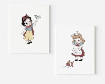 Baby Princess Art Print Set of 2 for Girls Nursery,  Hand Drawn Digital Nursery Art, Princess Art, Snow White and Bird, Cinderella and Mice
