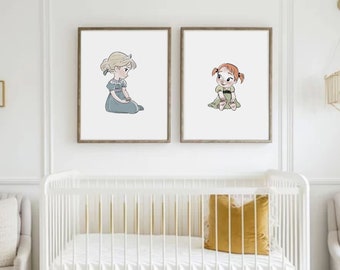 Baby Princess Art Print Set of 2 for Girls Nursery, Hand Drawn Digital Nursery Art, Princess Art, Frozen Art Young Anna and Elsa