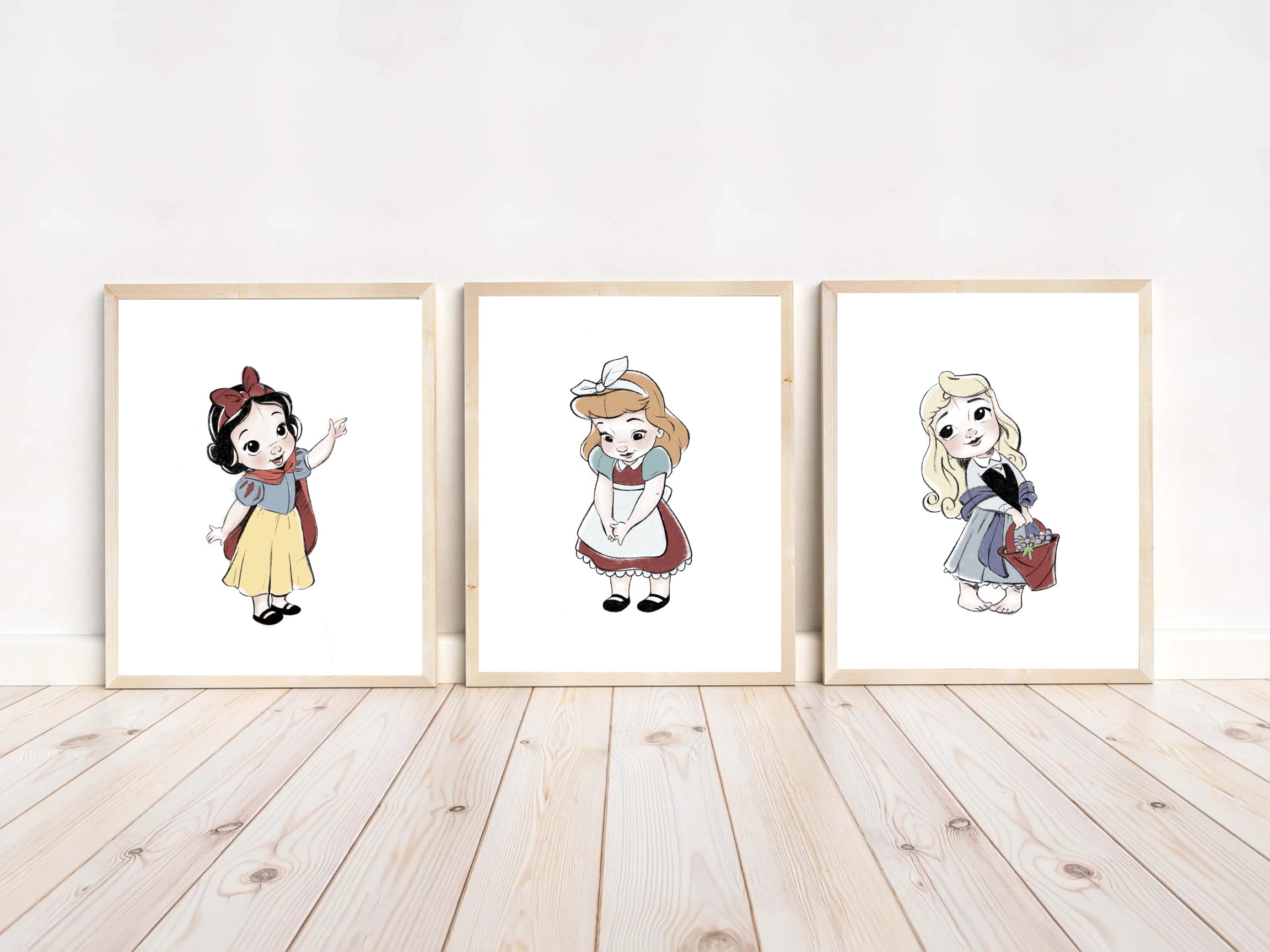 Baby Princess Art Print Set of 3 for Girls Nursery,  Hand Drawn Digital Nursery Art, Princess Art, Snow White, Cinderella, Sleeping Beauty