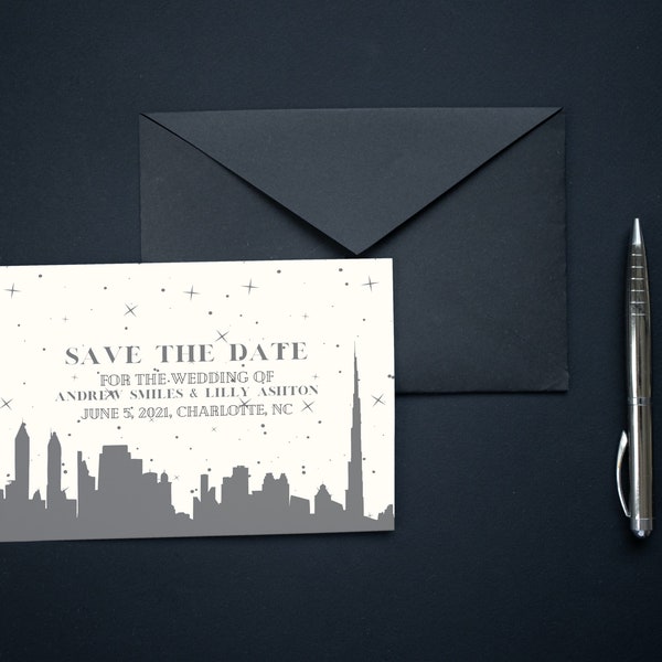 Modern Save The Date Wedding Template, Wedding, City, Grey, Card, Skyline, Custom, BOHO, Printable, Personalized, Double Sided, DIY, Canva