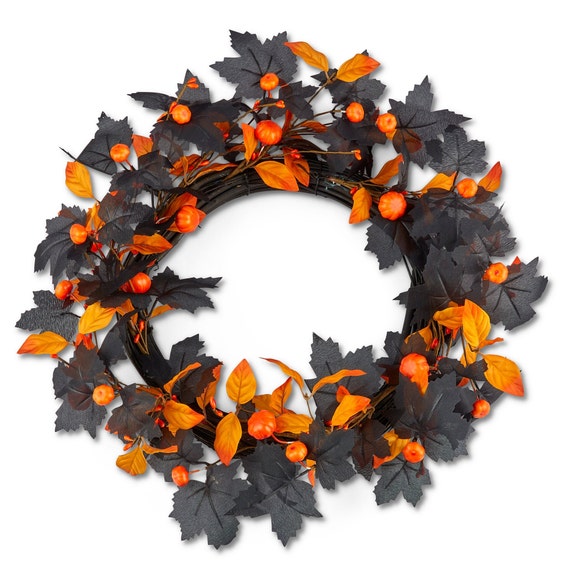 Halloween Pumpkin Door Wreath | Stylish Halloween Porch Wreath | Spooky Door Garland | Halloween Door Décor | Black Orange Decorative Wreath