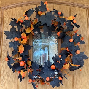 Halloween Pumpkin Door Wreath | Autumn Front Door Wreath | Black Maple Leaves, Orange Berries | Fall Porch Decor | Halloween Decoration