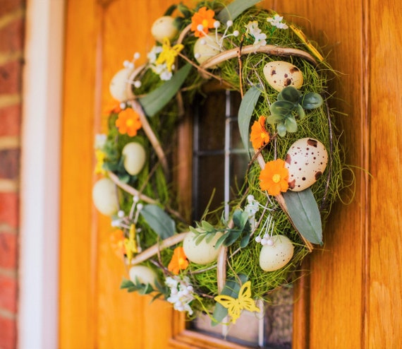 Easter Front Door Wreath – Spring Moss Wreath with Eggs and Butterflies – Rustic Farmhouse Decor
