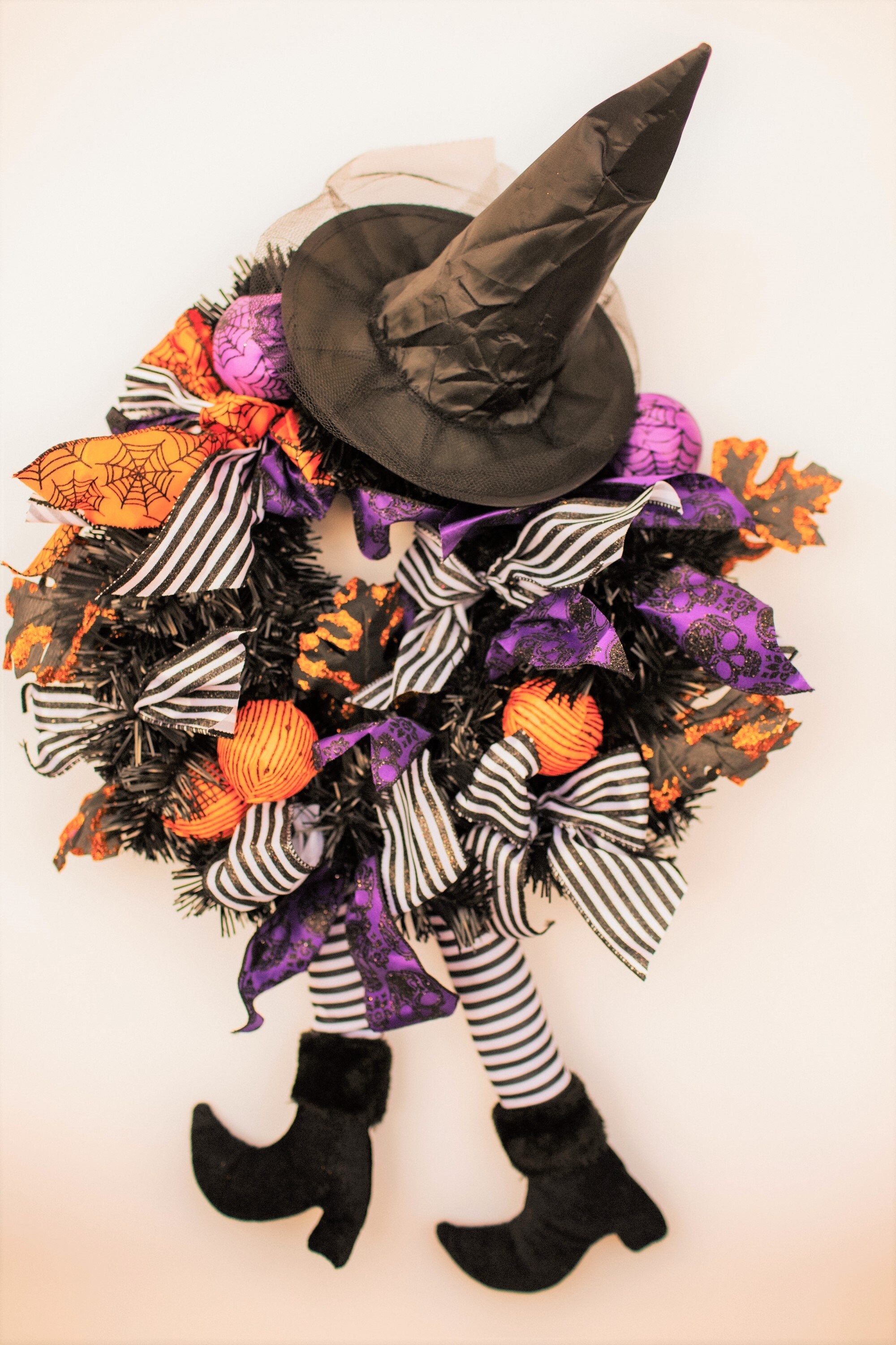 Fun Witch Halloween Wreath with Witches Hat and Dangly Legs - with Bo…