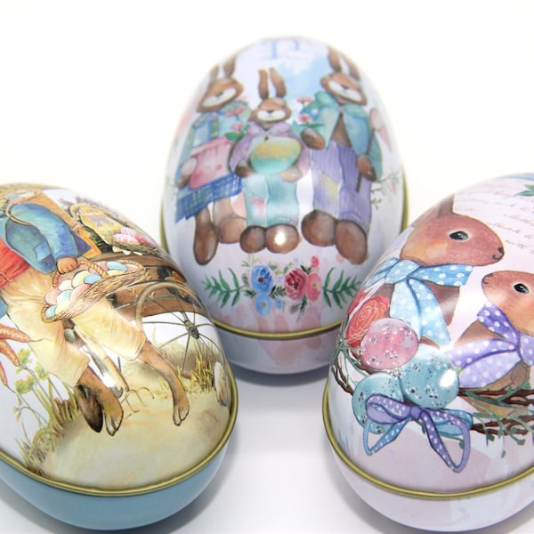 3 x Tin Easter Eggs - Bunny Rabbit Easter Eggs | Easter Decorations | Retro Easter Tins | Retro Eggs
