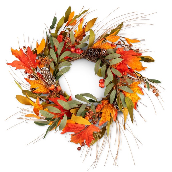 Autumn Harvest Decorative Door Wreath with Maple Leaves & Pinecones | Rustic Style Door Garland | Autumnal Porch Décor | Autumn Décor