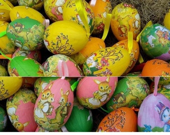 Easter Hanging Egg Decorations - Chicks/Rabbit Easter Egg | Easter Decorations | Hanging Paper Mache Eggs for Easter x 6
